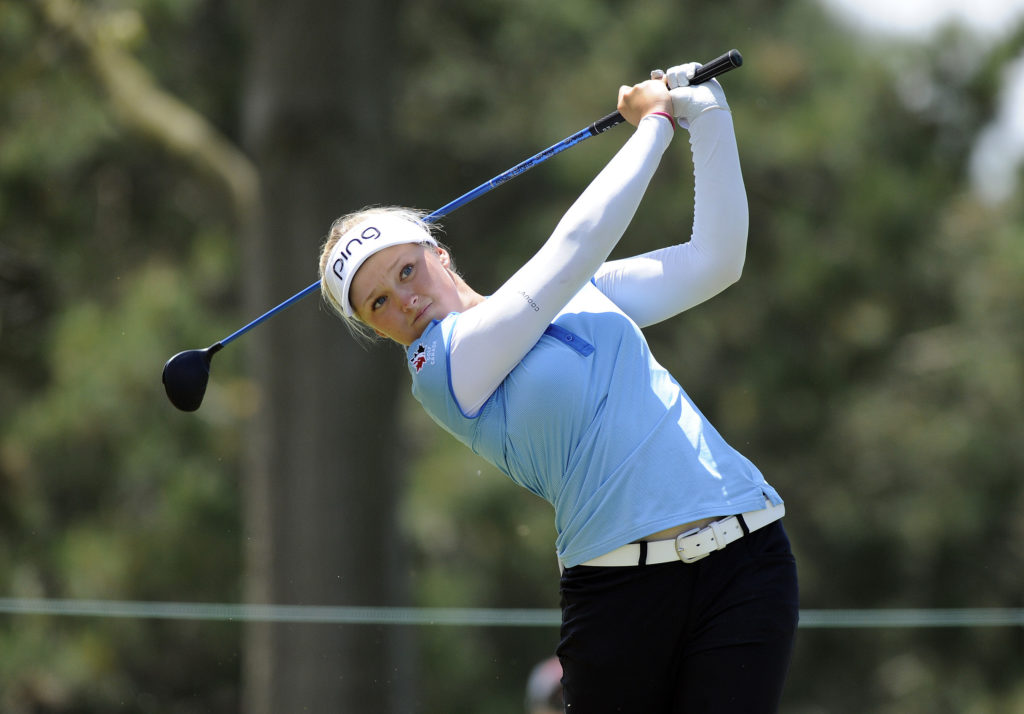 Brooke Henderson hits from the second tee during the final round of the LPGA Volvik Championship golf tournament at the Travis Pointe Country Club, Sunday, May 29, 2016 in Ann Arbor, Mich. (AP Photo/Jose Juarez)